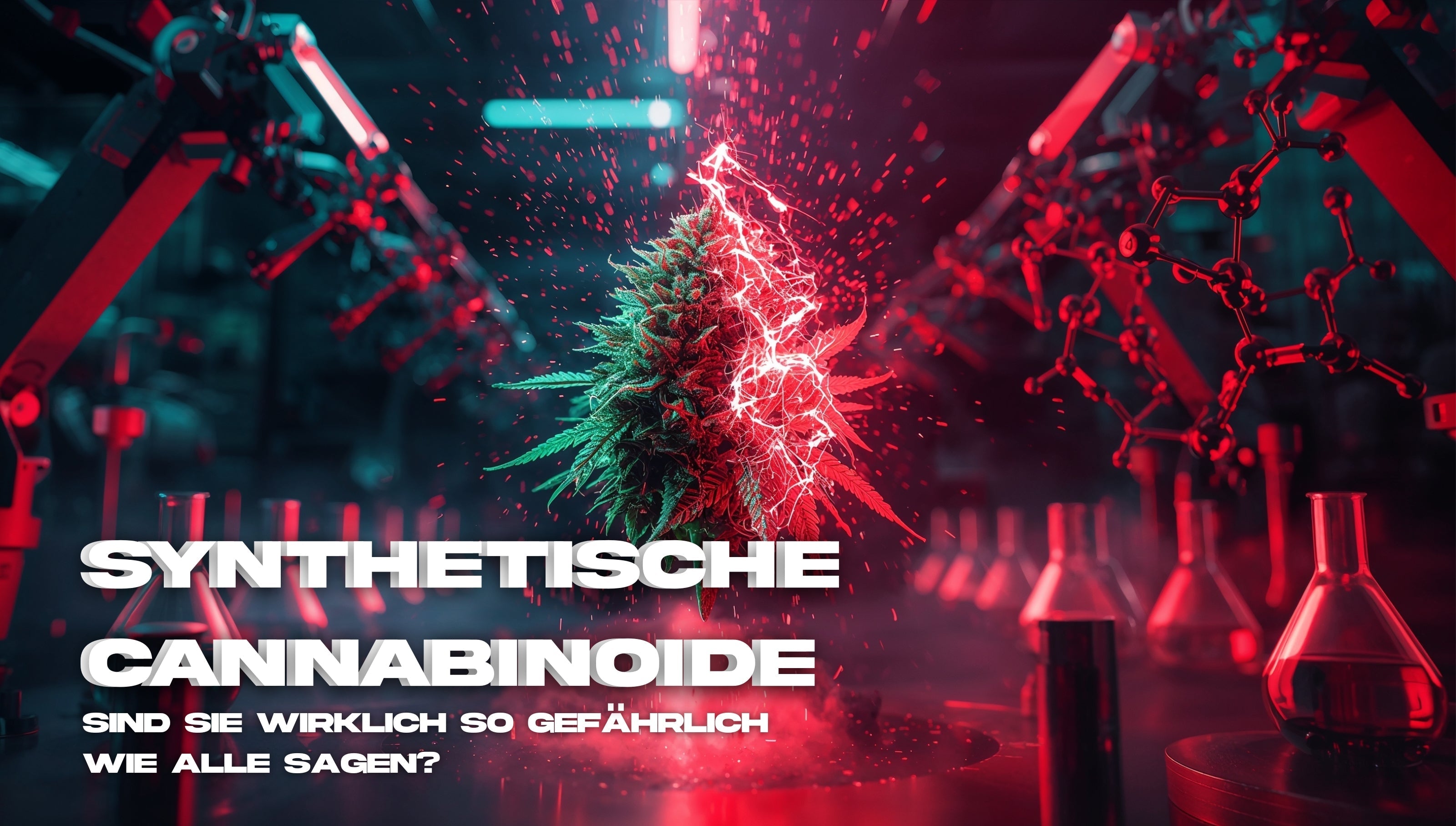Labor-Szene mit schwebender Cannabisblüte, die von roten elektrischen Impulsen durchzogen wird, umgeben von Roboterarmen, chemischen Kolben und einer leuchtenden Molekülstruktur – visuelle Darstellung synthetischer Cannabinoide im Hightech-Umfeld.