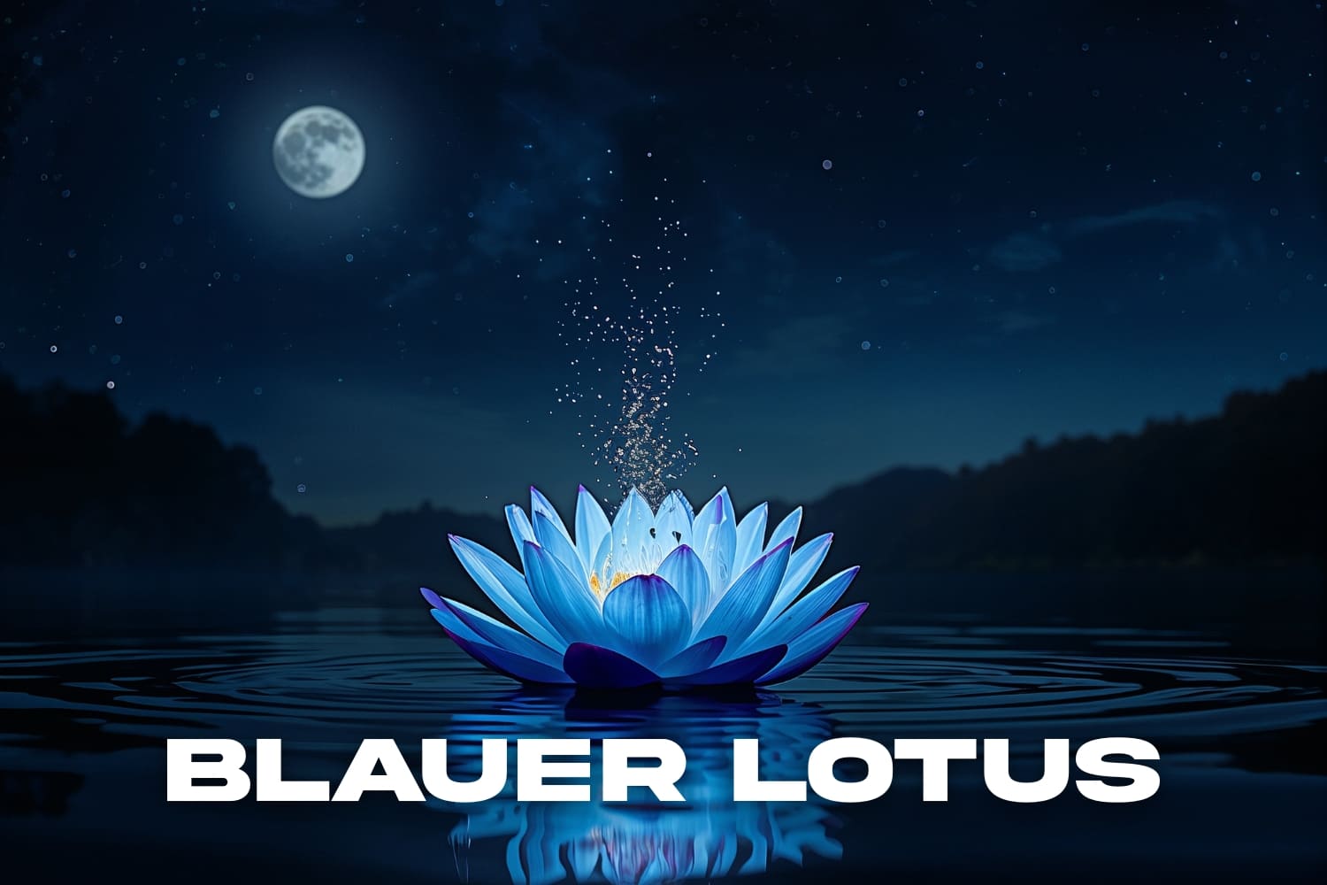 Blauer Lotus auf stillem Wasser bei Nacht mit Mondlicht und leuchtenden Blütenblättern