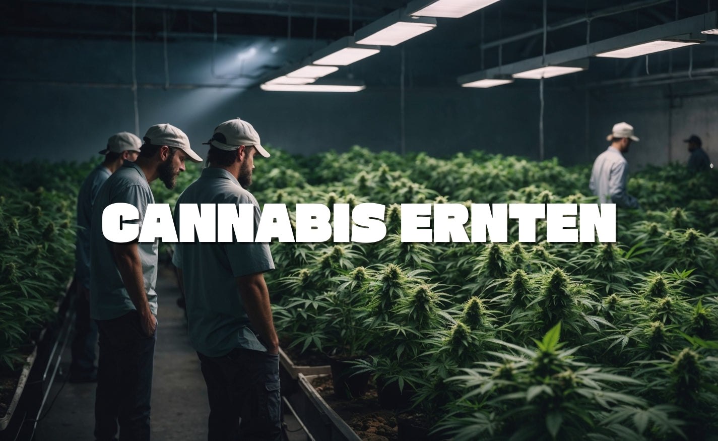 Indoor-Cannabisanlage mit mehreren Personen bei der Inspektion reifer Pflanzen, ideal als visuelle Einleitung für einen Beitrag zum Thema cannabis ernten.