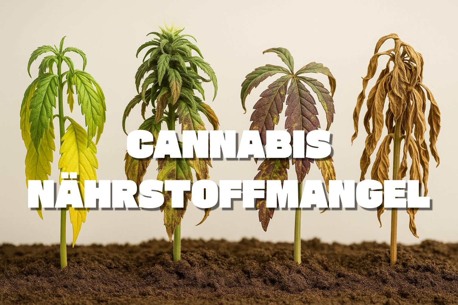 Cannabispflanzen mit sichtbarem Nährstoffmangel in verschiedenen Stadien: gelbe Blätter, Verfärbungen, Welke und vertrocknete Pflanze – Schriftzug 'Cannabis Nährstoffmangel' im Vordergrund