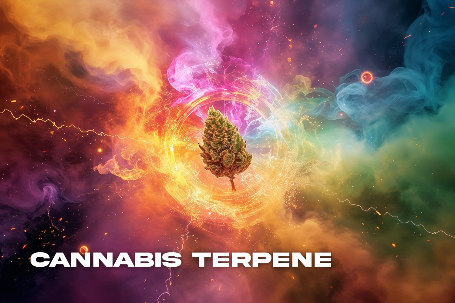 Cannabisblüte im Zentrum einer farbenreichen Explosion aus Terpenen – Darstellung der vier Hauptterpenklassen.