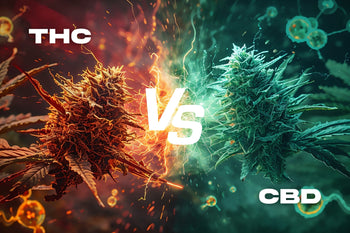 THC vs. CBD – visuelles Duell zweier Cannabisblüten, eine rot-glühend für THC, eine grün-leuchtend für CBD, dargestellt als episches Aufeinandertreffen.
