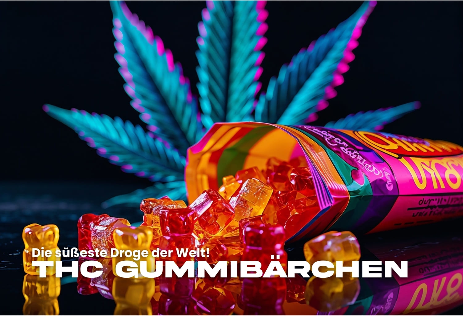 THC Gummibärchen aus bunter Tüte vor Cannabisblatt – auffälliges Edible Produktfoto für ein Cannabis Blog
