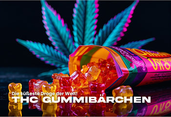 THC Gummibärchen aus bunter Tüte vor Cannabisblatt – auffälliges Edible Produktfoto für ein Cannabis Blog