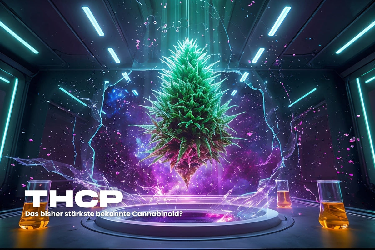 Futuristische Darstellung einer Cannabisblüte mit THCP – das bisher stärkste bekannte Cannabinoid – in einem Laborumfeld, leuchtend und mystisch inszeniert.