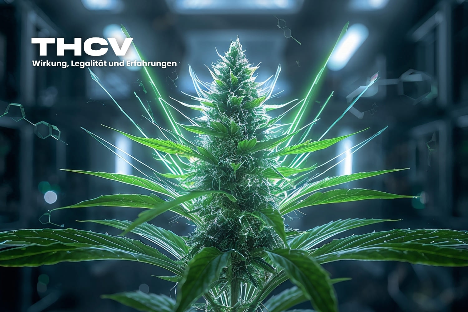 Cannabispflanze mit THCV-Chemiestruktur – Darstellung der THCV Wirkung und Inhaltsstoffe